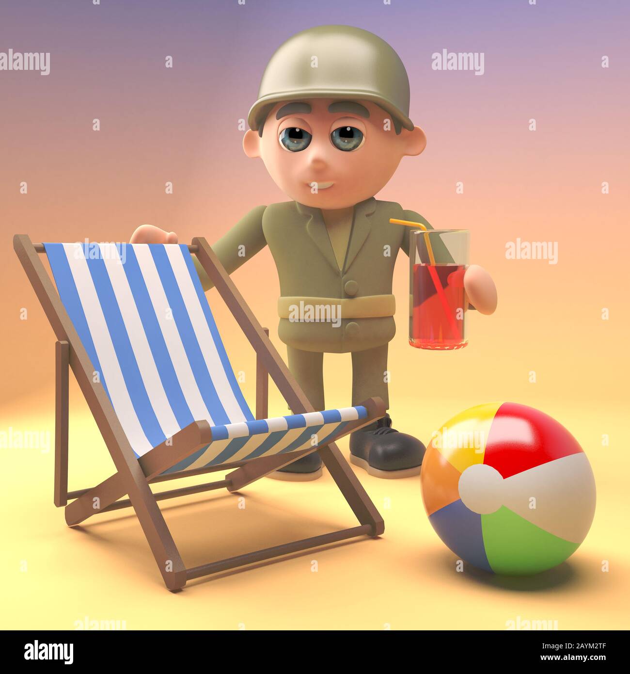 Army soldier relaxes at the beach with a deckchair and drink,, 3d illustration render Stock Photo