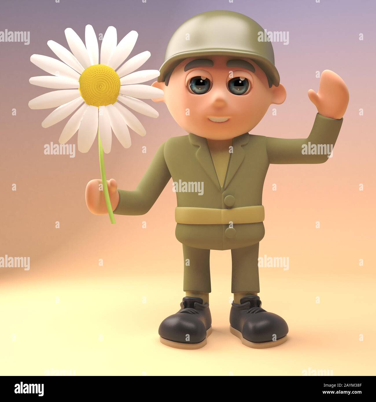 Heroic army soldier holding a flower, 3d illustration render Stock Photo