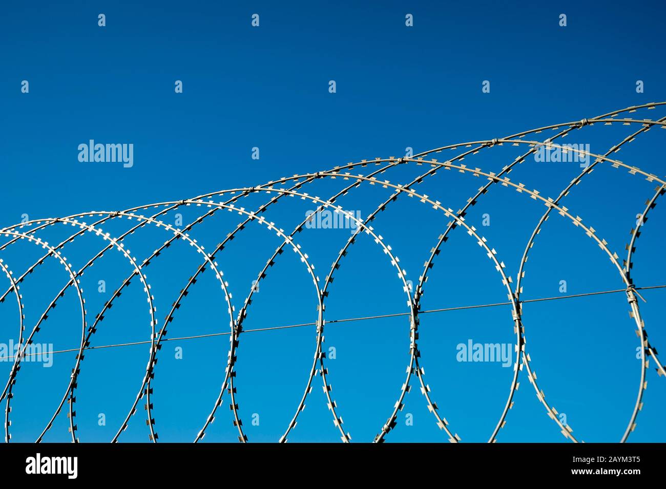 Razor wire fence curving in loops against bright blue sky Stock Photo ...
