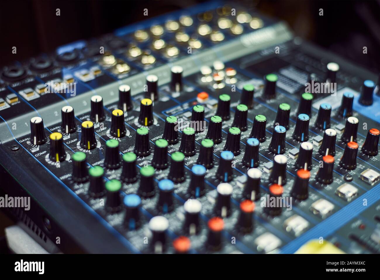 Audio music mixer console on black background. Sound studio mixing desk  Stock Photo - Alamy