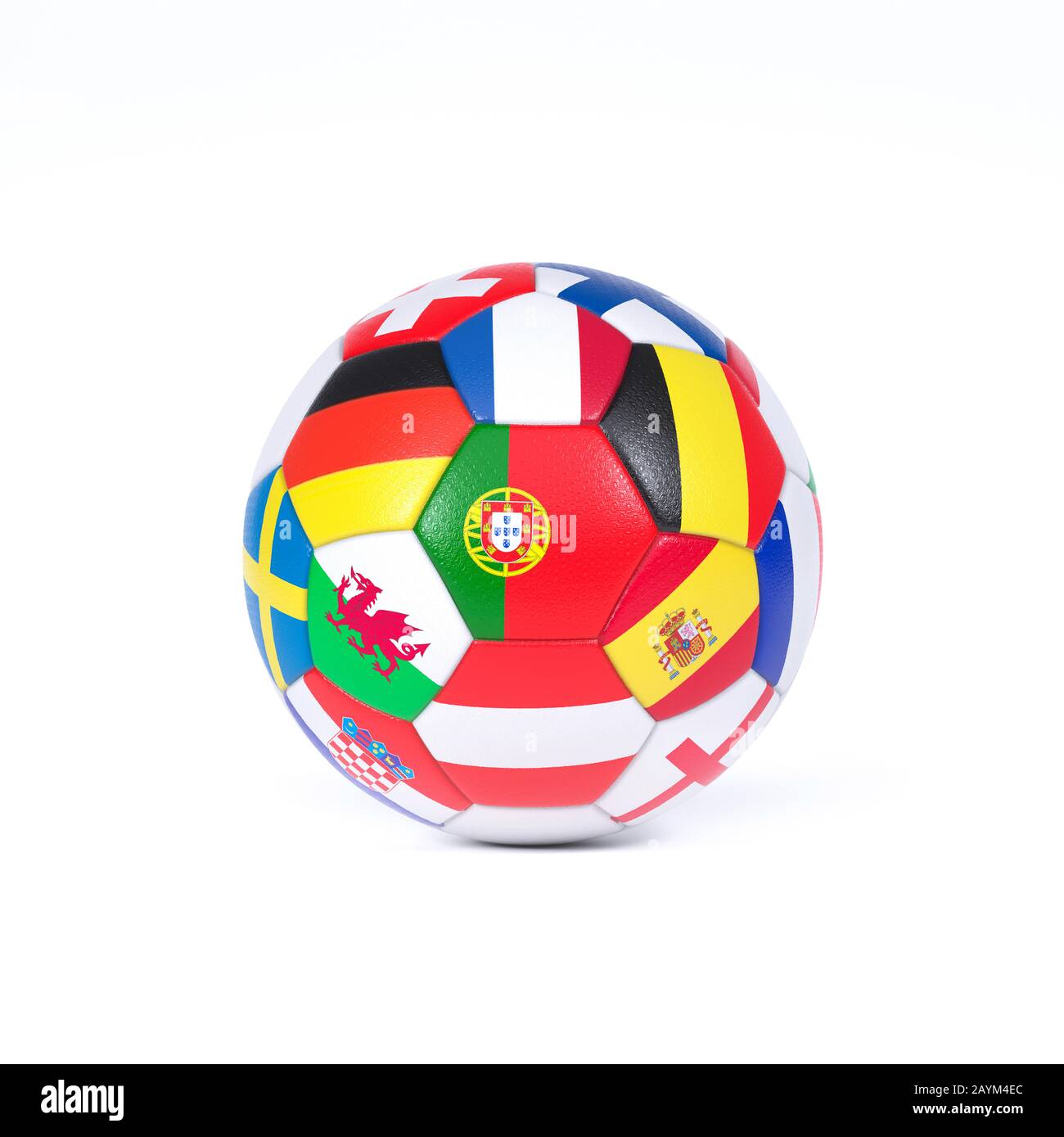 Football or soccer ball decorated with the national flags of the teams competing in the championship or World Cup event on white Stock Photo