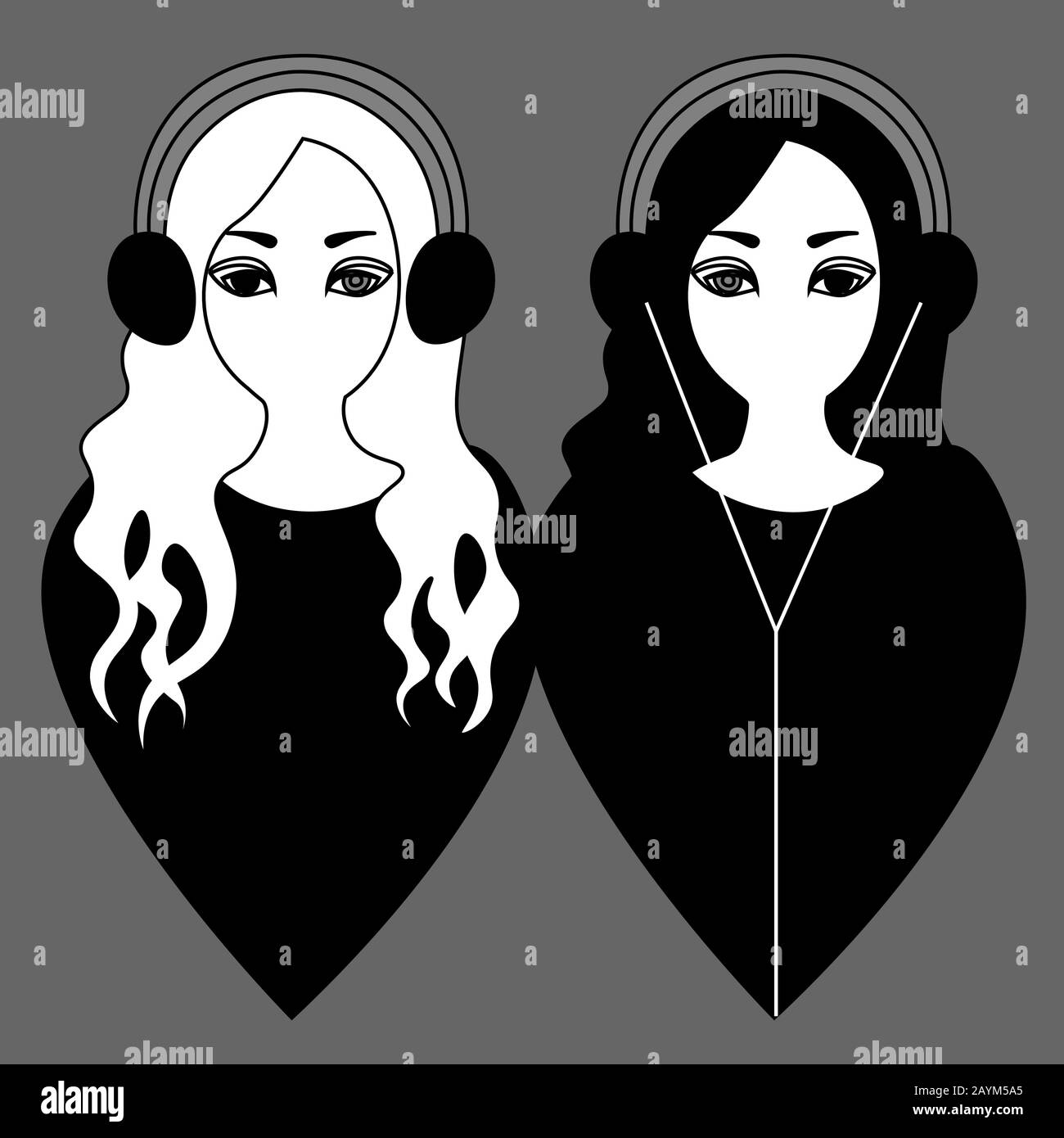 Blonde And Brunette Cartoon Twin Girls In Headphones On Grey Background Stock Vector Image Art Alamy