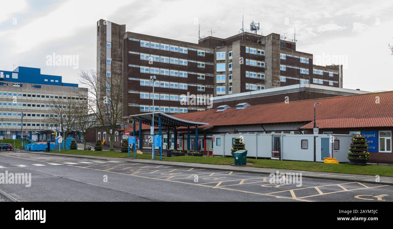 Stockton on Tees, UK.16th February 2020.North Tees Hospital has set up Coronavirus Assessment Pods outside the front entrance to deal with any suspected cases of the virus. Credit: DAVID DIXON / Alamy Stock Photo