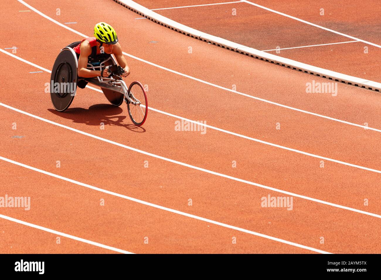 PARIS, FRANCE - JUNE 18, 2018: Disabled handicapped sportsman competition with man on handbike sport wheelchair Stock Photo