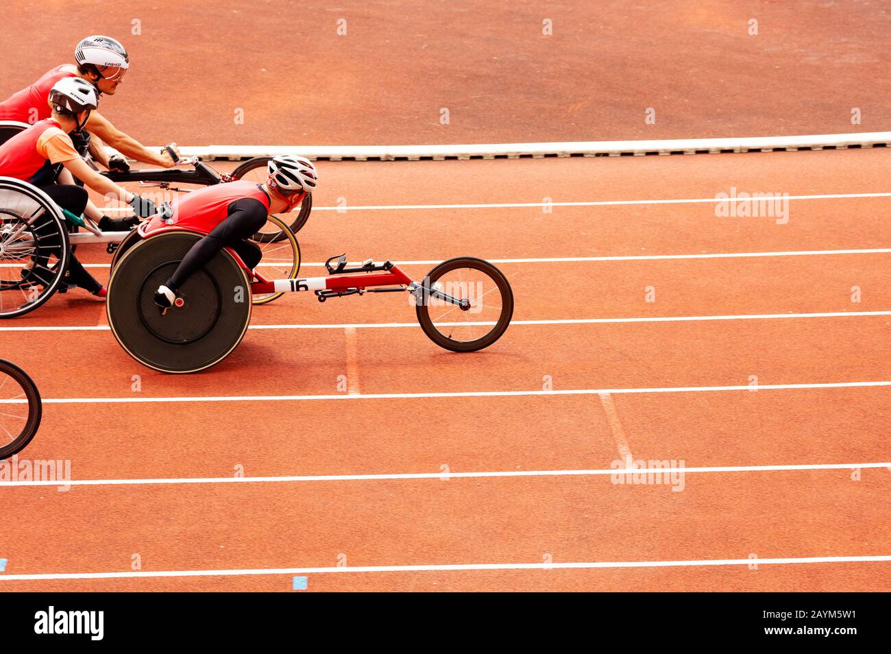 PARIS, FRANCE - JUNE 18, 2018: Disabled handicapped sportsman competition with men race on the stadium Stock Photo