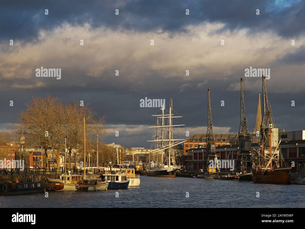 View of Bristol Docks basin and floating harbour which adjoins the city centre, Bristol England. Stock Photo