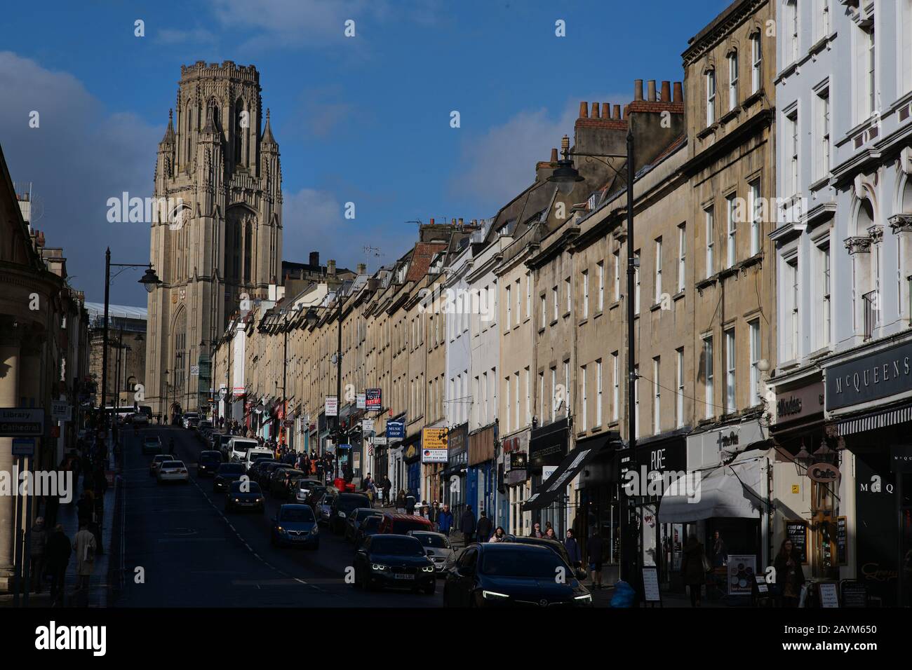 View up Park Street in Bristol, England, towards the Wills Memorial Building Tower and Bristol School of Law, part of Bristol University. Stock Photo