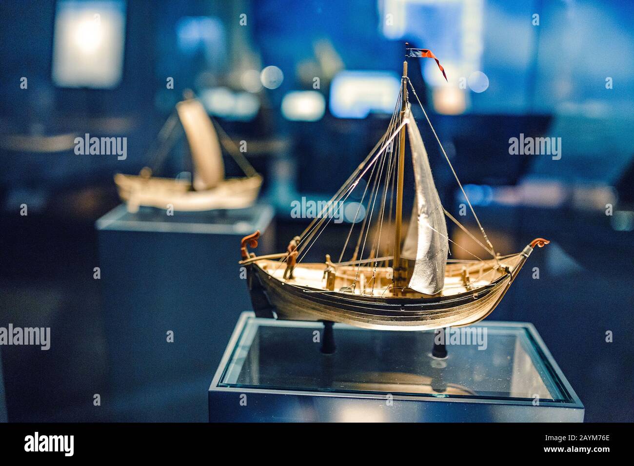 BERLIN, GERMANY 19 MAY 2018 Miniature model of a sailboat in German technical museum Stock