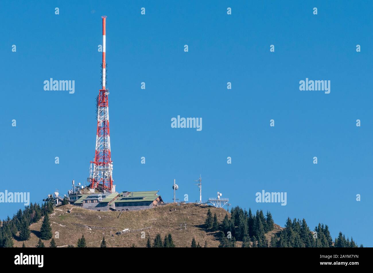 Mt Gruenten, radio tower, seen from Mt Burgberg Hoernle, Allgaeu, Bavaria, Germany Stock Photo