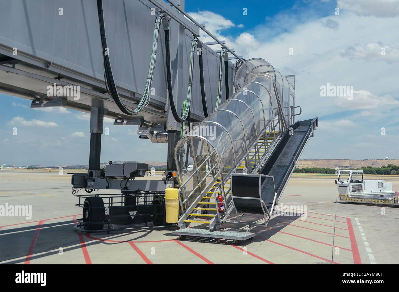 View of a jet bridge. This boarding gate is a mobile mechanism to