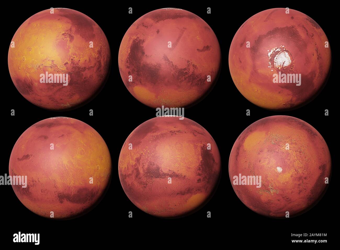 planet Mars, the red planet from all sides isolated on black background Stock Photo