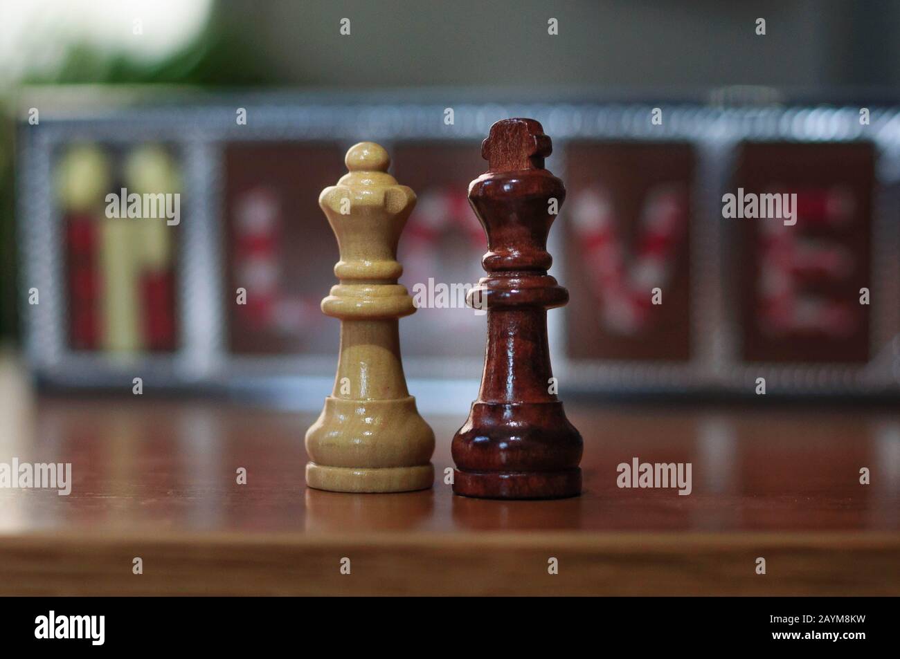 Chess pieces, black king and white queen, rivalry or romance Stock