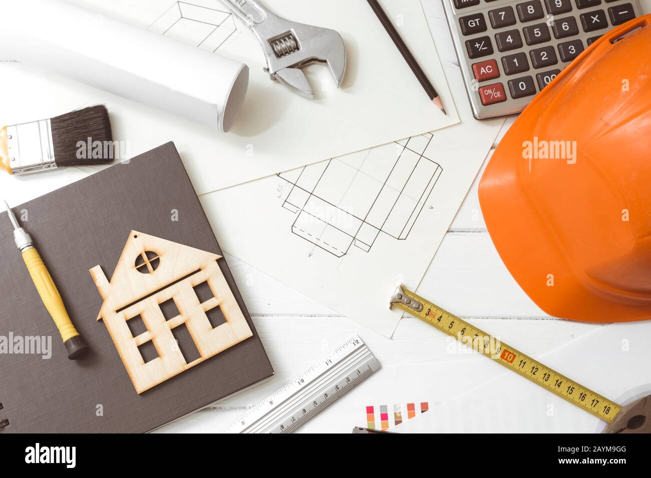 Designing The Interior Of The House Decor Equipment Construction Tools Sketch On The Desktop Of A Builder Engineer Stock Photo Alamy