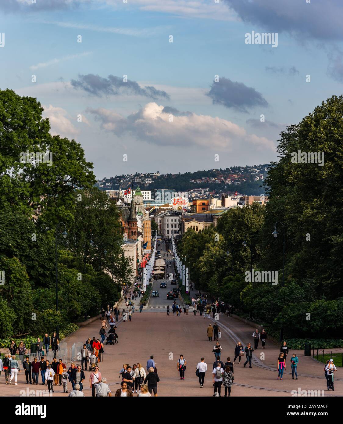 Editorial 08.31.2019 Oslo Norway The long and famous Karl Johans street that is the main street of the city with tourists walking Stock Photo