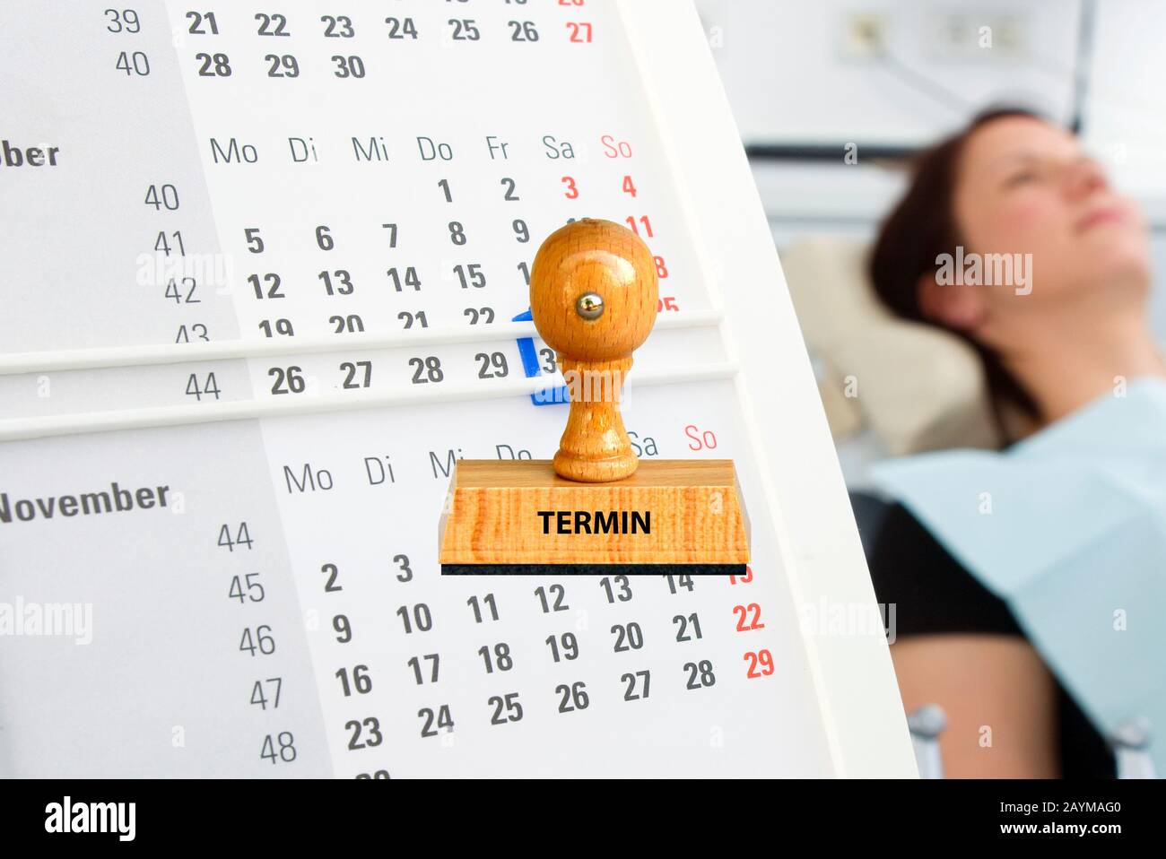 stamp lettering termin, date, patient in the background, Germany Stock Photo