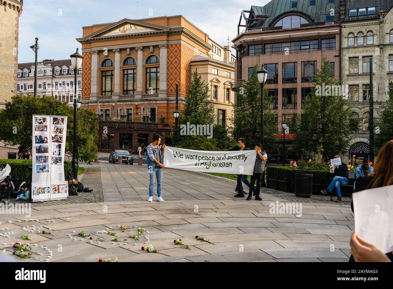 Editorial 08.31.2019 Oslo Norway Protesters outside the Parliament building fighting for the peace and security in Afghanistan Stock Photo
