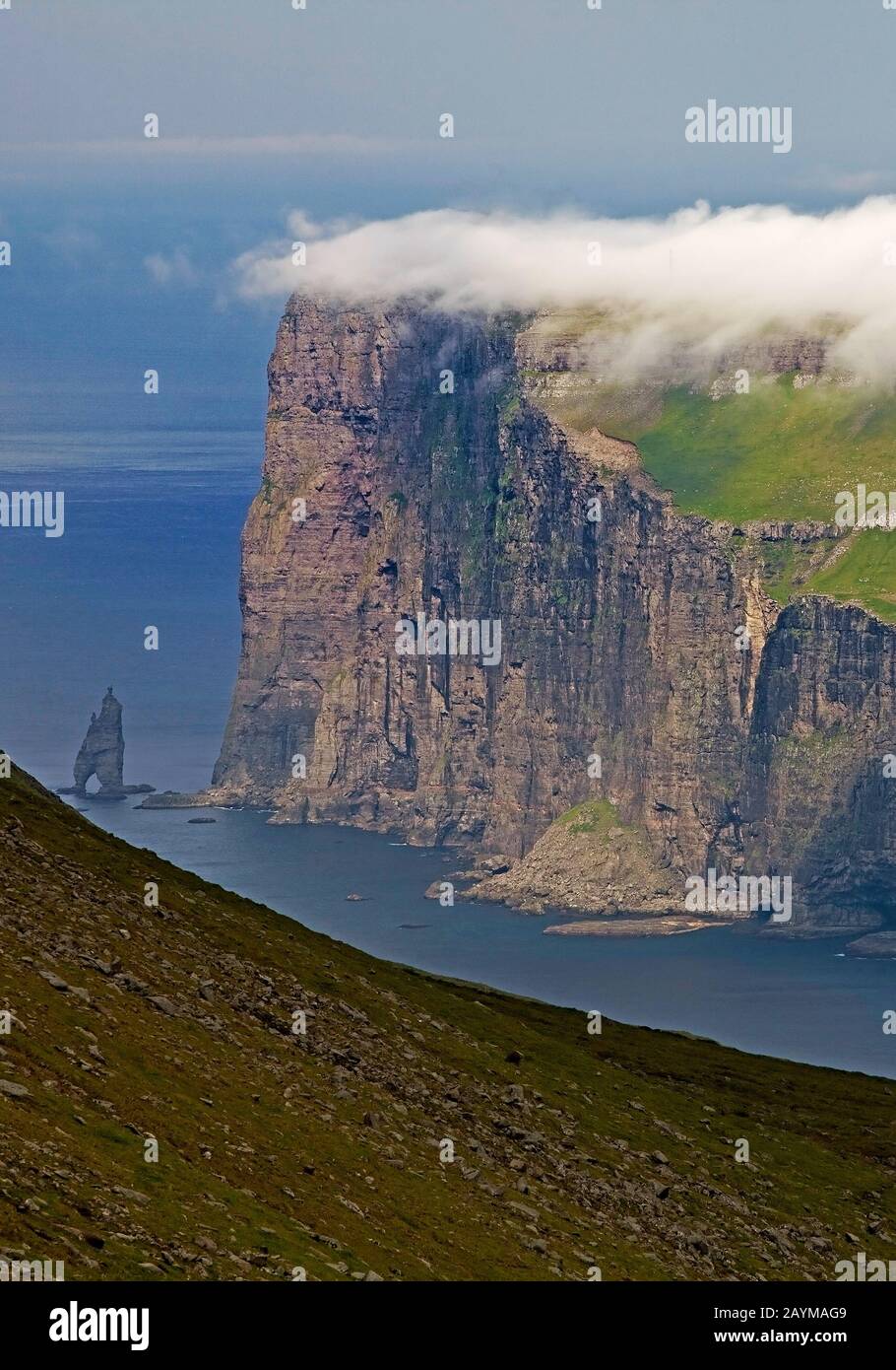 northeastern coast of  Eysturoy in the North Atlantic Ocean with tors Risin og Kellingin, Faroe Islands, Streymoy Stock Photo
