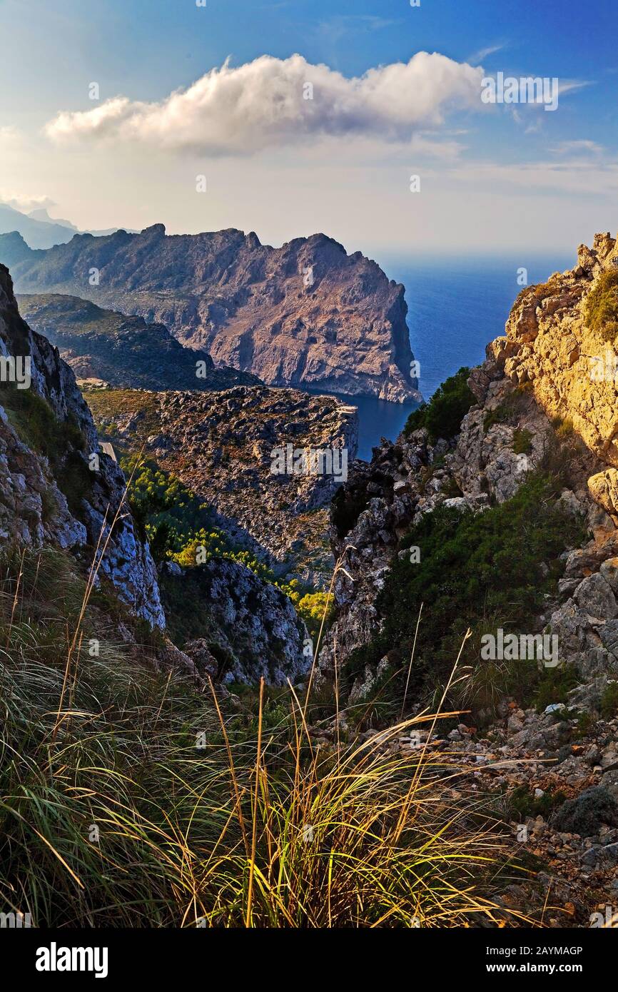 vista from Almallutx onto the mountain scenery of the Serra de Tramuntana, Spain, Balearic Islands, Majorca, Formentor Stock Photo