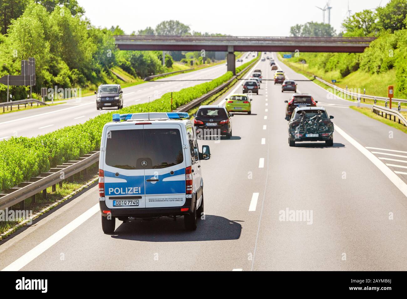 BERLIN, GERMANY, 20 MAY 2018: German police car bus drive at highway road Stock Photo