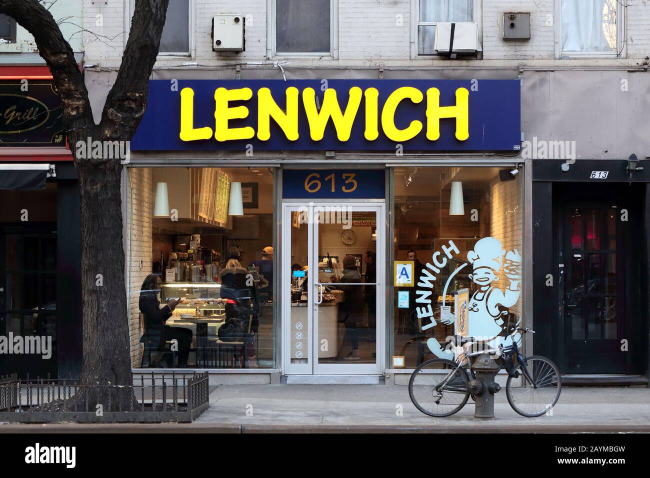 [historical storefront] Lenwich, 613 9th Ave, New York, NYC storefront photo of a bagel shop in the Hells Kitchen neighborhood of Manhattan. Stock Photo