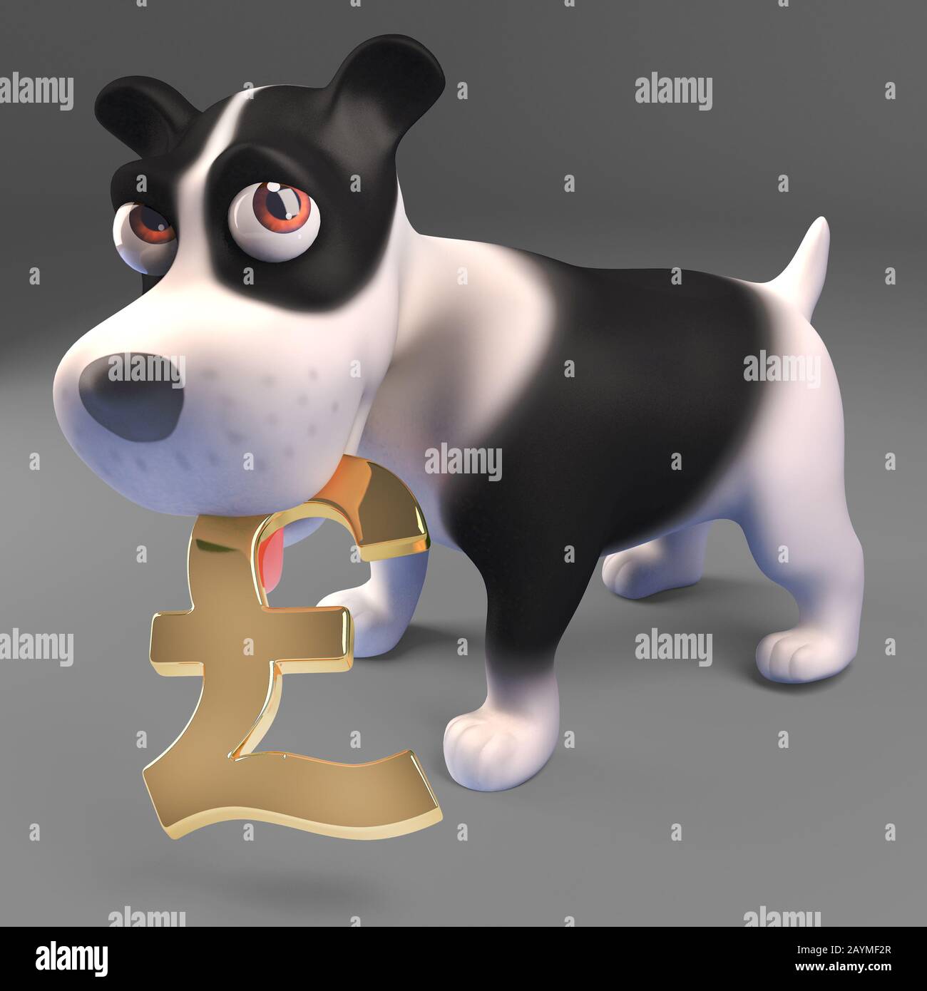 Rich puppy dog holding a gold UK Pounds sterling currency symbol, 3d illustration render Stock