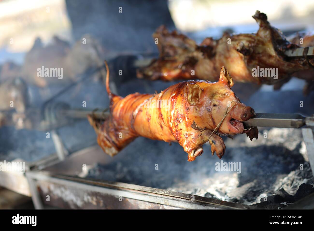 Pig roasting on stick. Street food concept Stock Photo