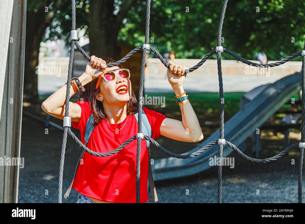 Adult Woman Playing On Playground Rope Stock Photo 1107071456