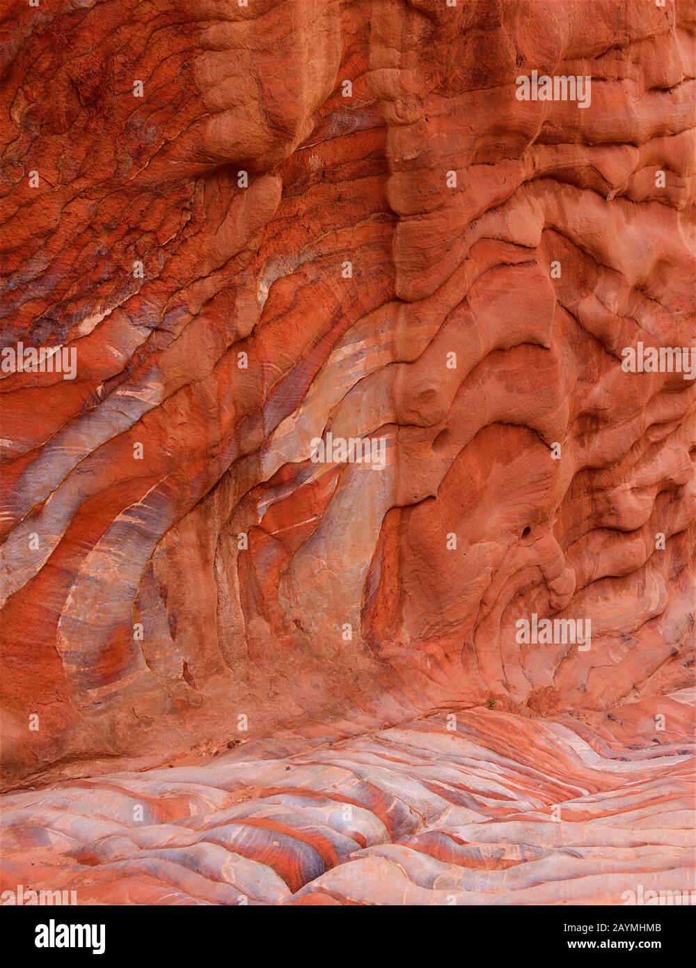 The multi-colored exposed sandstone rock and mineral layers inside the ancient tombs of Petra, Jordan. Sandstone pattern, geological texture in Petra, Stock Photo