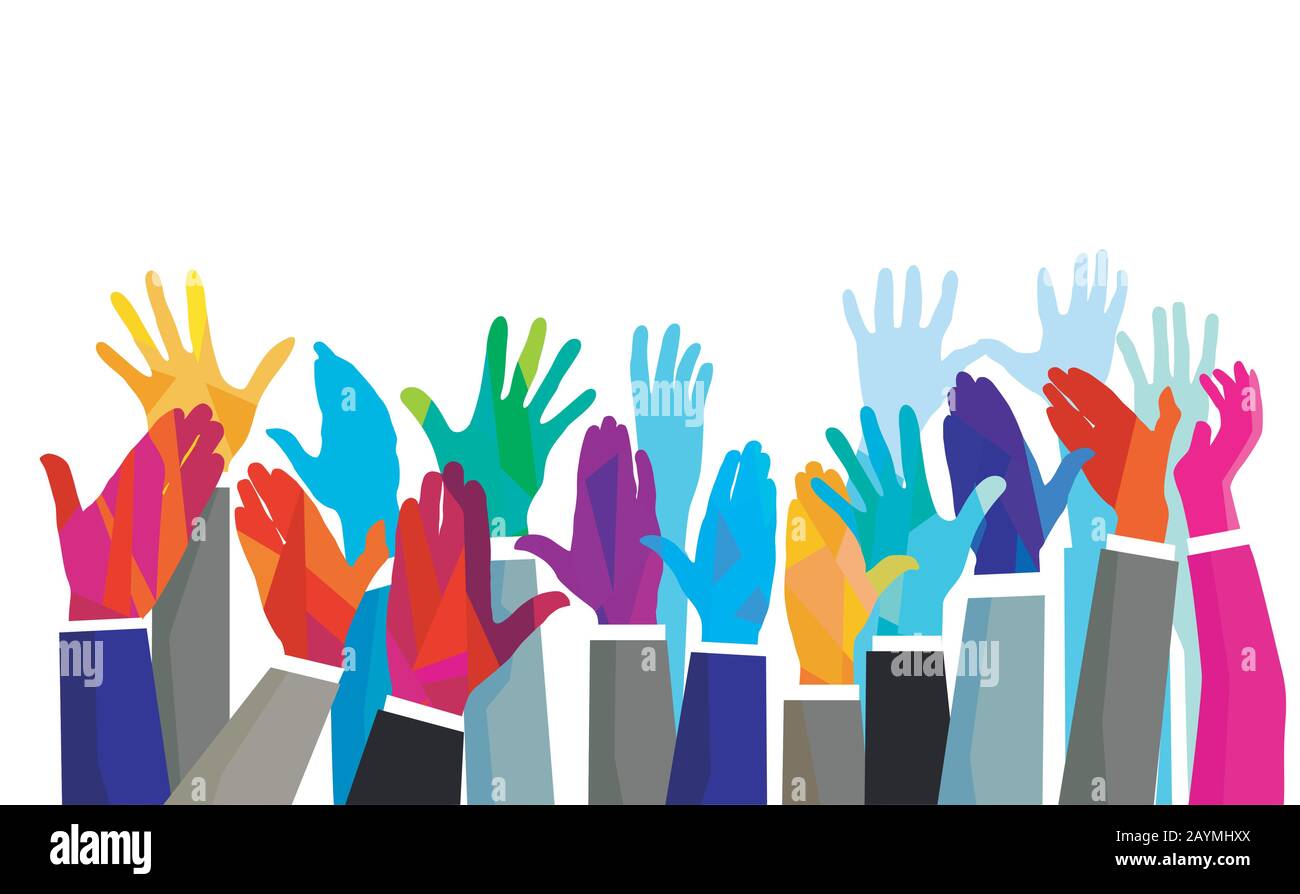 Group of people holds up their hands Stock Vector