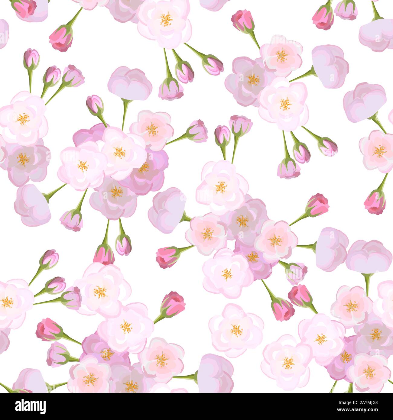 Vector bright cherry flowers on white background seamless Stock Vector