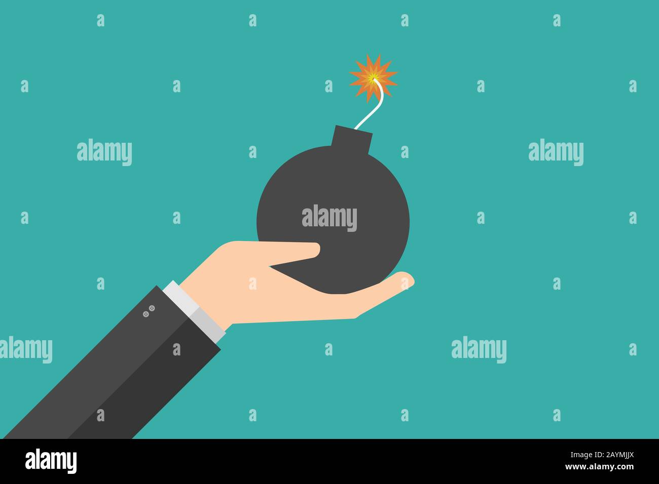 hand holding ball bomb . Bomb ready to explosion. vector illustration flat design Stock Vector