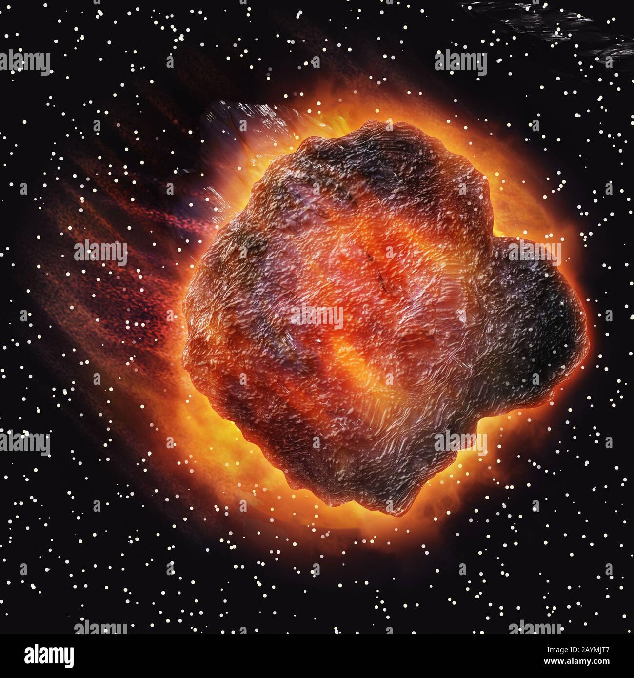 Giant 3d asteroid exploding in the space, digitally rendered ...