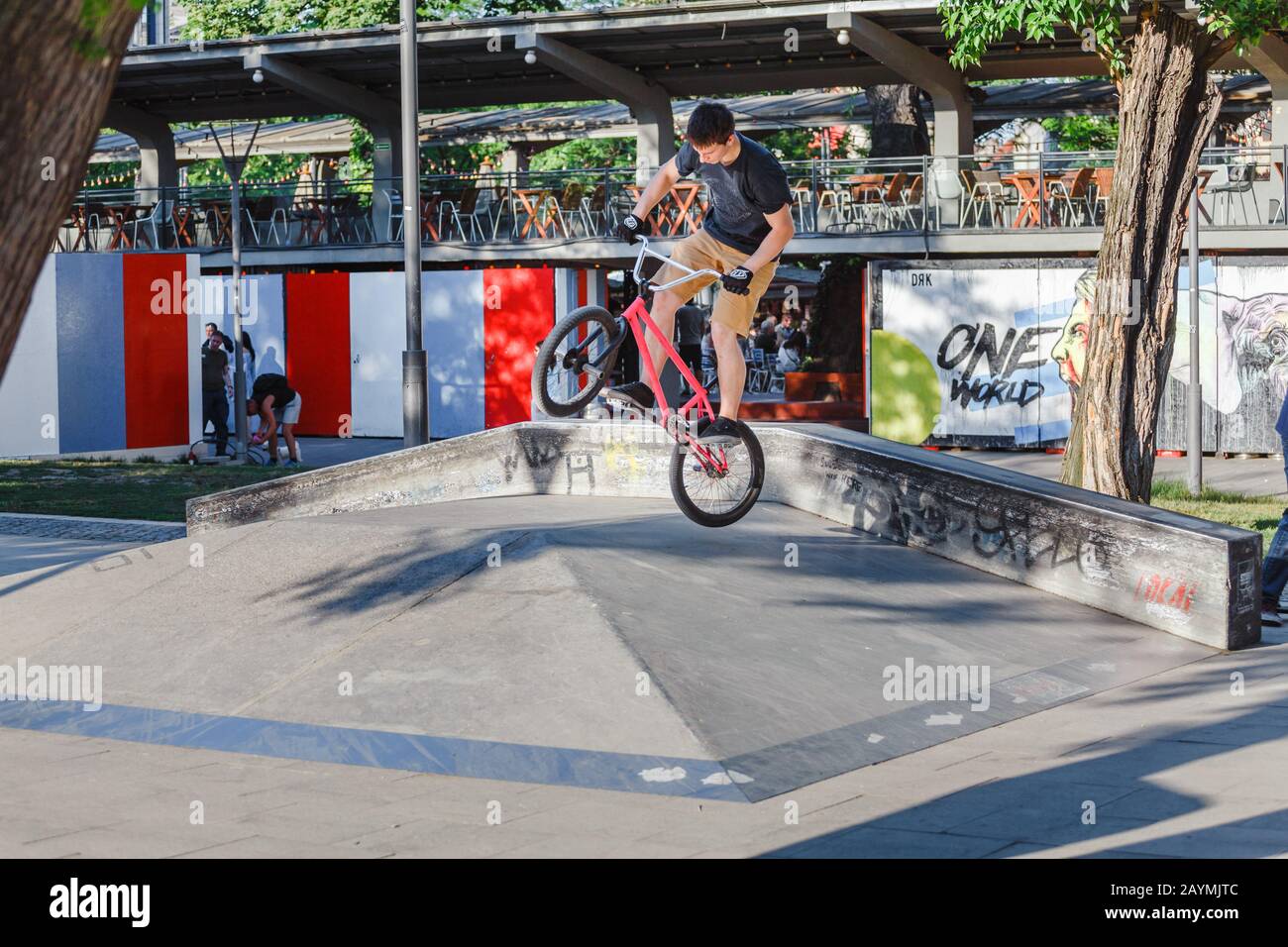 13 MAY 2018, BUDAPEST, HUNGARY: Man performs a stunt with bmx bicycle at  the ramp on a skatepark in the city park Stock Photo - Alamy