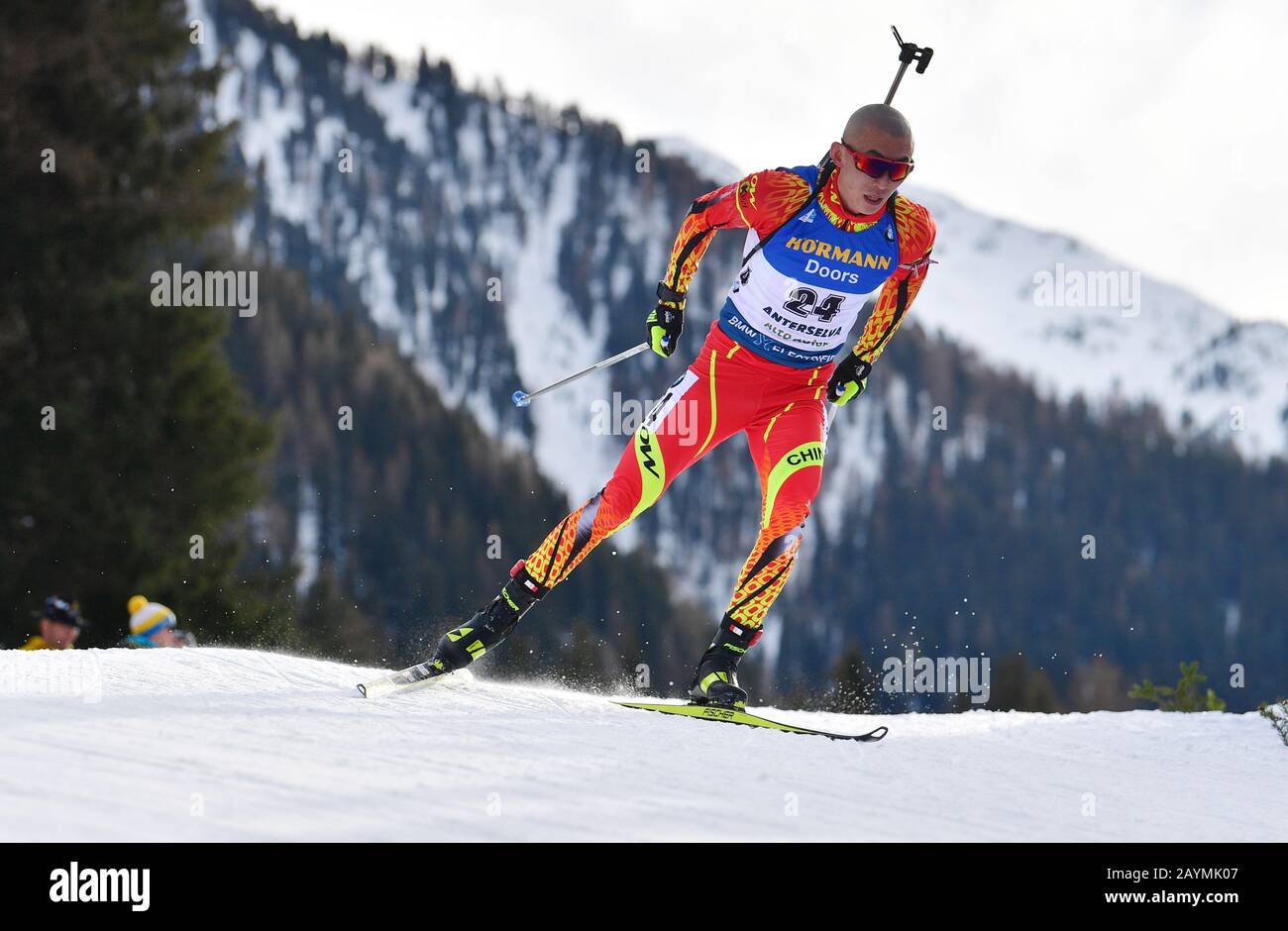 Antholz, Italy. 15th Feb, 2020. Biathlon: World Championship, sprint 10 km, men. Fangming Cheng from China on the track. Credit: Hendrik Schmidt/dpa/Alamy Live News Stock Photo