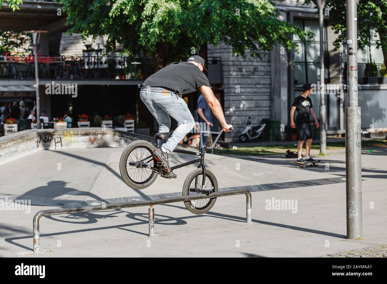 13 MAY 2018, BUDAPEST, HUNGARY: Man performs a stunt with bmx bicycle at  the ramp on a skatepark in the city park Stock Photo - Alamy
