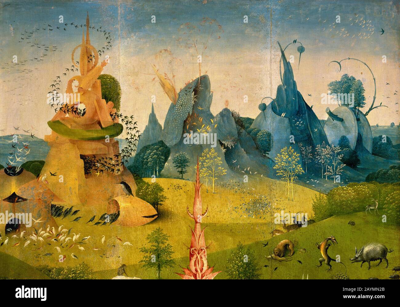 The Garden of Earthly Delights.Triptych. Paradise panel, c. 1490-1500. The Creation, detail. Attributed to Hieronymus Bosch (1450-1516). Oil on panel, 188 x 77 cm. Early Netherlandish Renaissance. Prado Museum. Madrid, Spain. Stock Photo