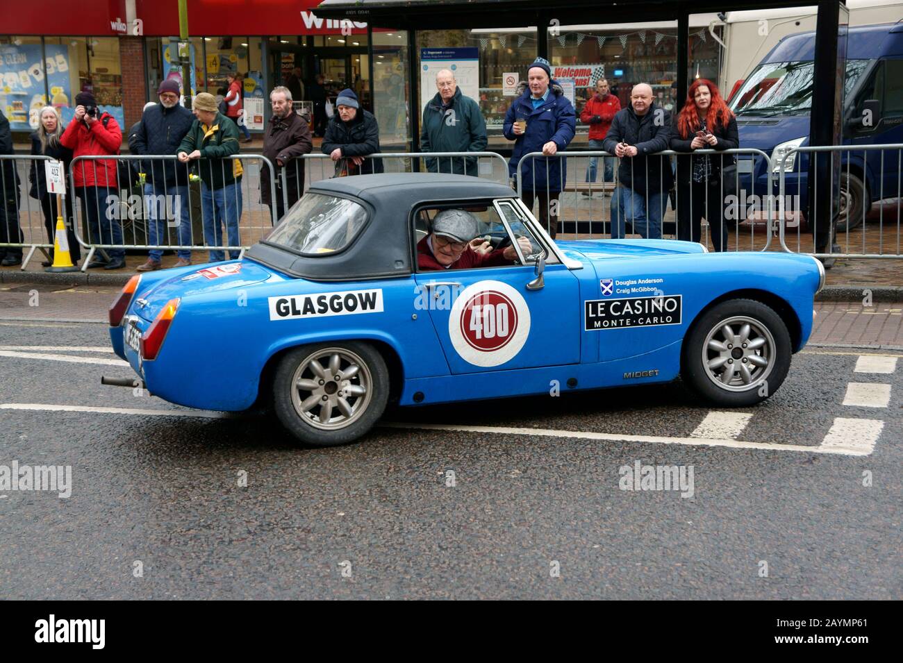 Car Number 400 parking up at Passage Control in the Rallye Monte-Carlo Historique, Banbury, Oxfordshire. Stock Photo