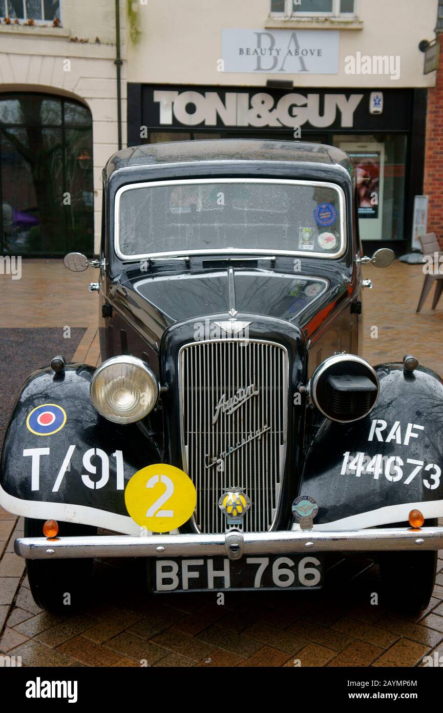 Austin Cambridge on Display at the Rallye Monte-Carlo Historique Passage Control in Banbury, Oxfordshire. Stock Photo