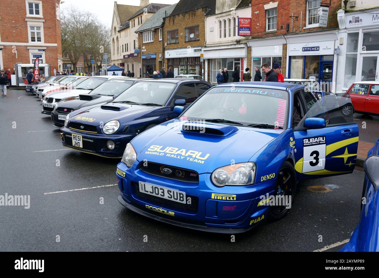 Subaru's on Display at the Rallye Monte-Carlo Historique Passage Control in Banbury, Oxfordshire. Stock Photo