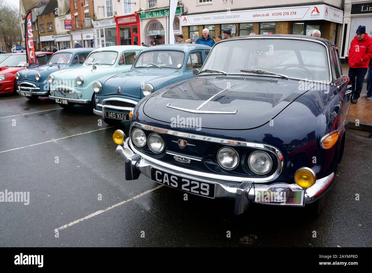 Classic Cars on Display at the Rallye Monte-Carlo Historique Passage Control in Banbury, Oxfordshire. Stock Photo