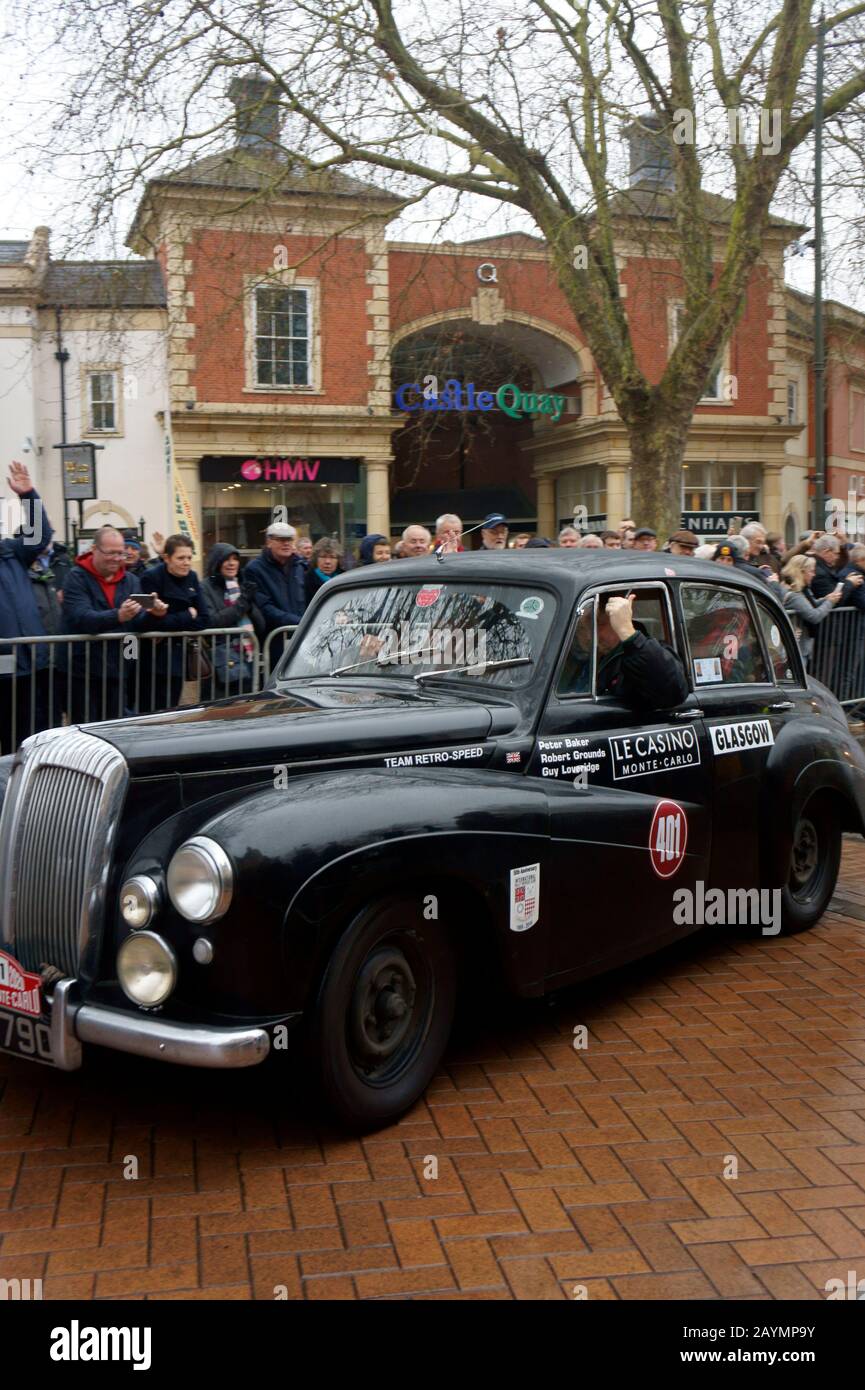 Car Number 401 leaving Passage Control in Banbury on the Rallye Monte-Carlo Historique Stock Photo