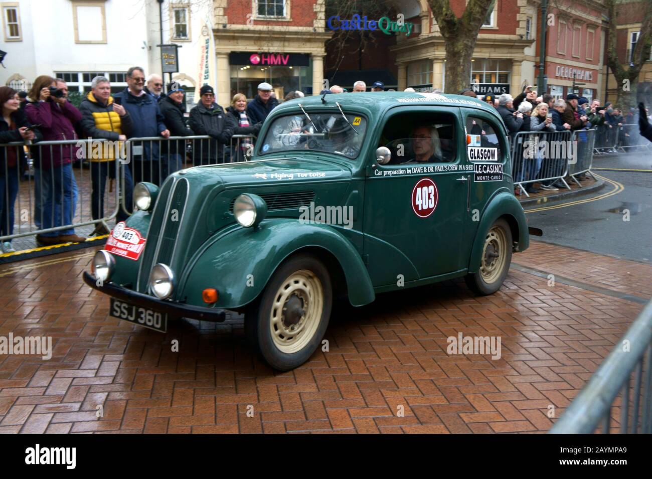 Car Number 403 leaving Passage Control in Banbury on the Rallye Monte-Carlo Historique Stock Photo