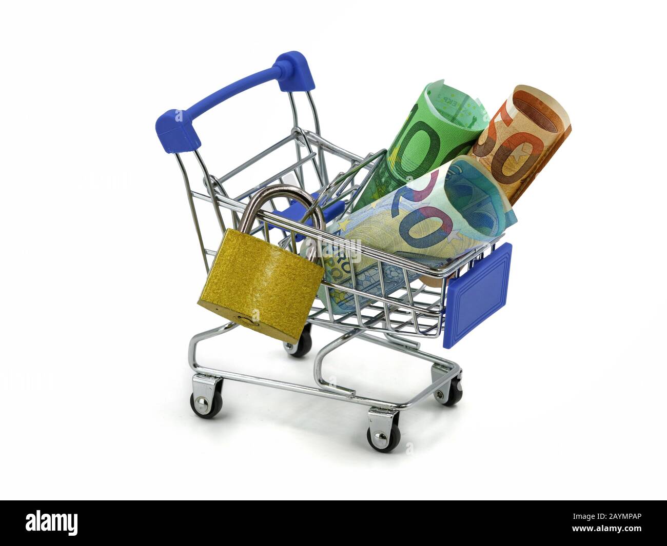 shopping cart with padlock and euro banknotes on white background, financial transaction security concept Stock Photo