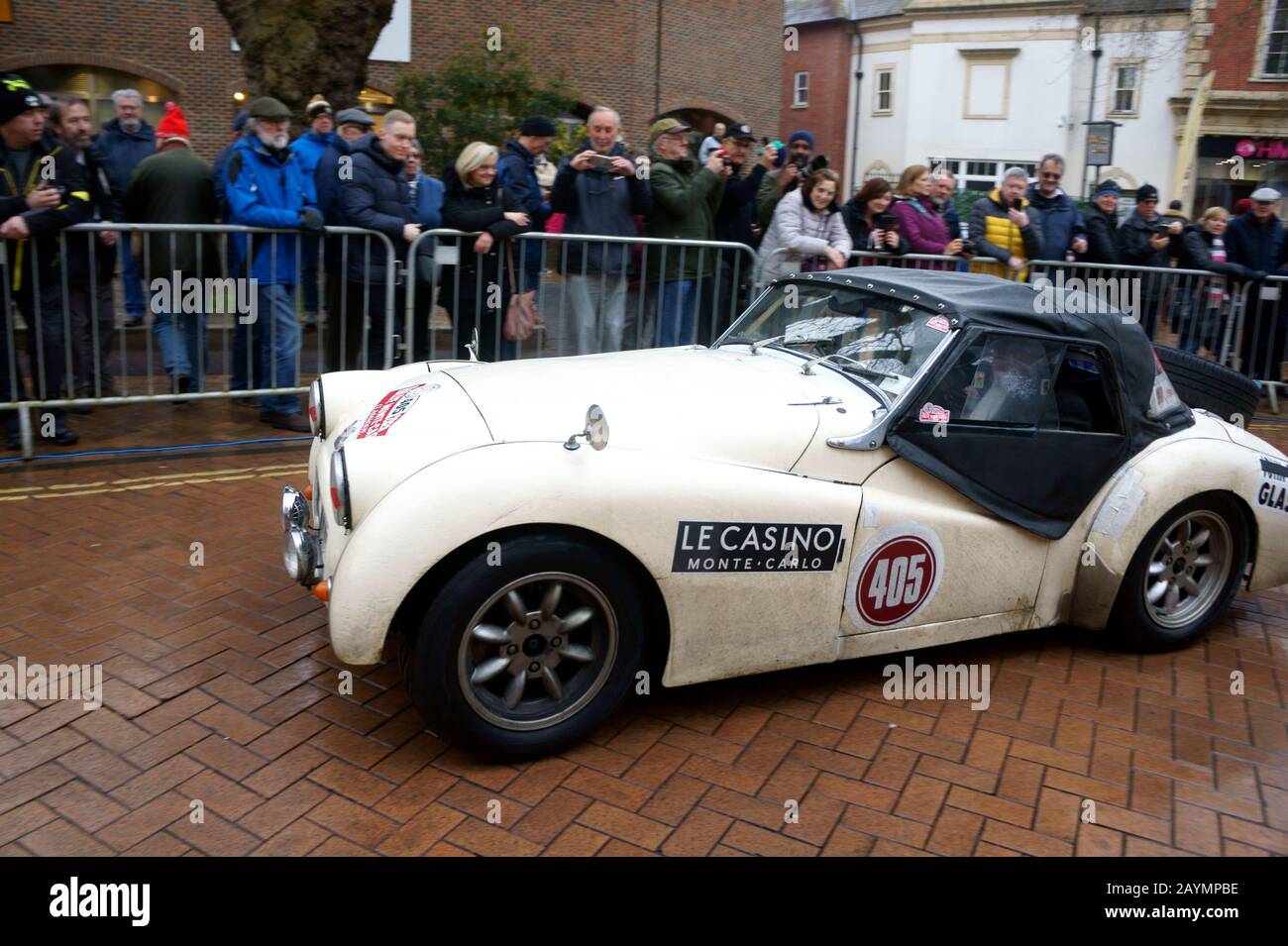 Car Number 405 leaving Passage Control in Banbury on the Rallye Monte-Carlo Historique Stock Photo
