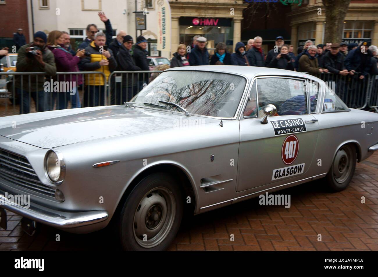 Car Number 407 leaving Passage Control in Banbury on the Rallye Monte-Carlo Historique Stock Photo