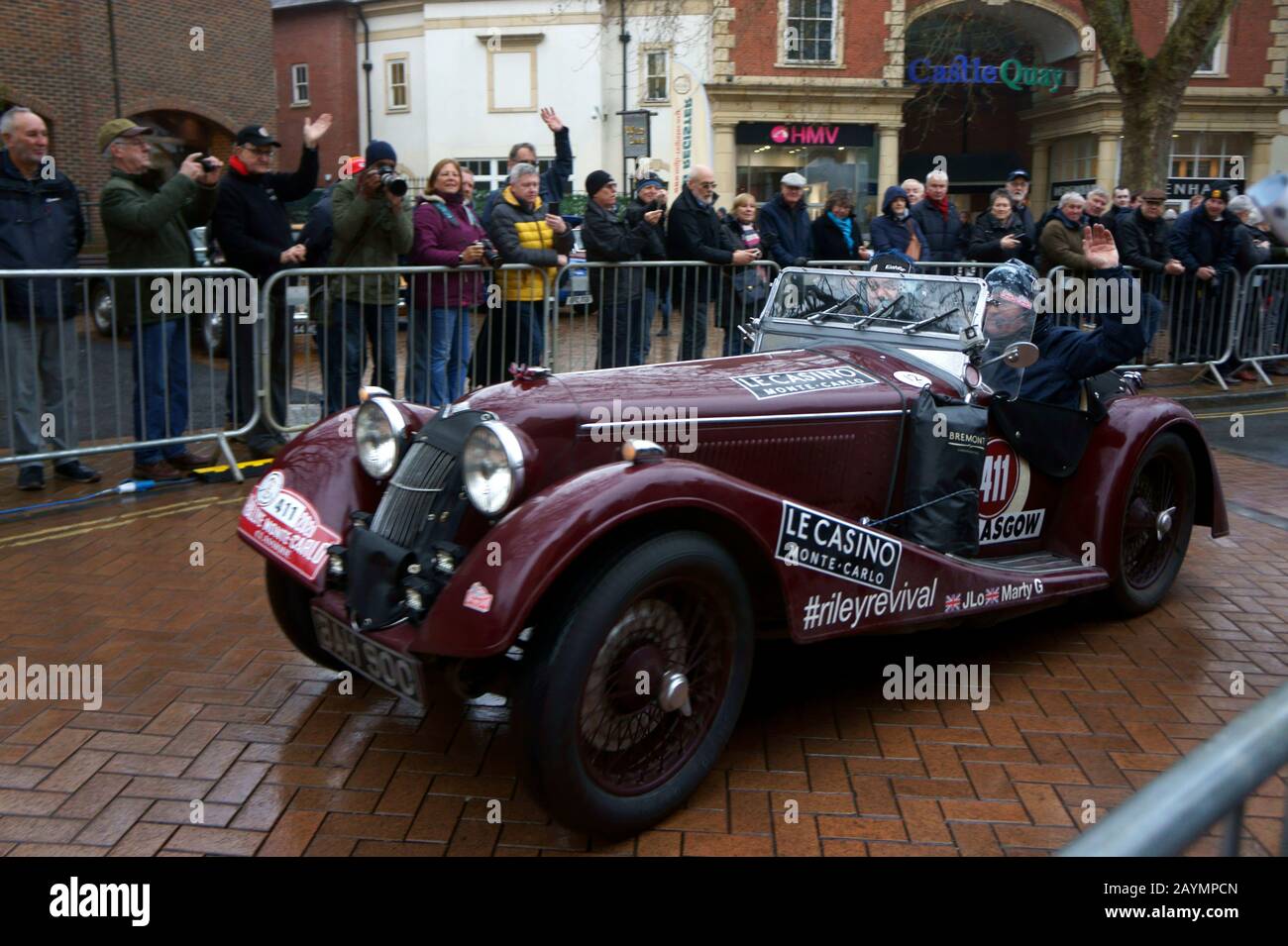 Car Number 411 leaving Passage Control in Banbury on the Rallye Monte-Carlo Historique Stock Photo