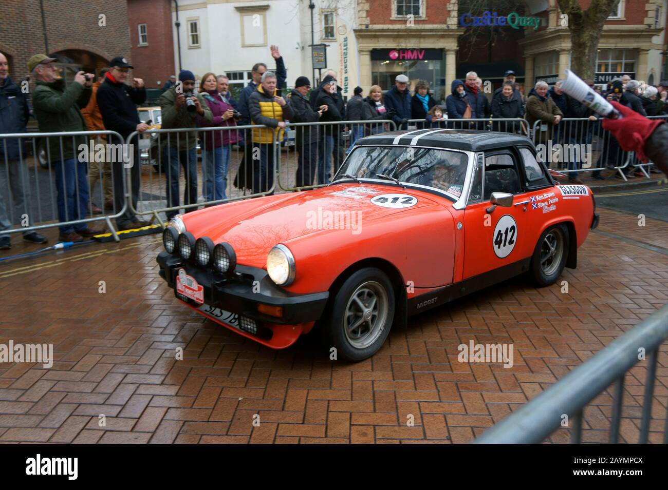 Car Number 412 leaving Passage Control in Banbury on the Rallye Monte-Carlo Historique Stock Photo