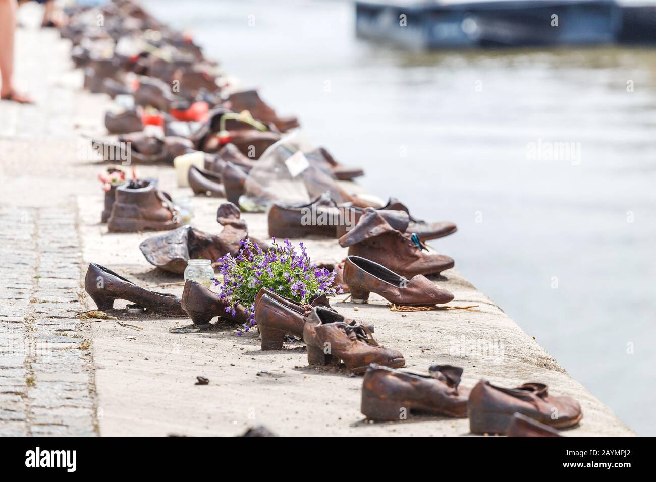 14 MAY 2018, BUDAPEST, HUNGARY: Iron shoes memorial to Jewish people executed while Holocaust in Budapest Hungary at Danube river bank Stock Photo