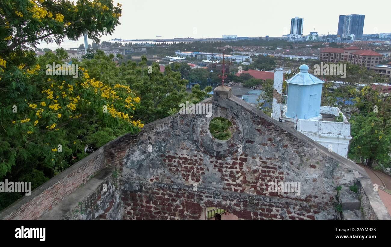 Aerial view of the ruins of St. Paul's Church in Melaka (Melacca) Malaysia. Former dutch colony overlooking the city. Stock Photo