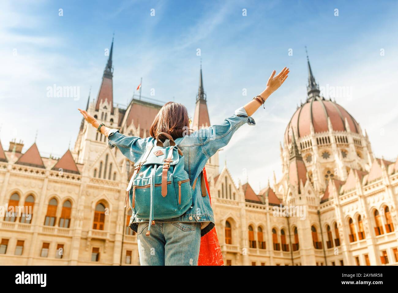 Happy asian casual woman student enjoying great view of the Parliament  building in Budapest city, travel in Europe concept Stock Photo - Alamy